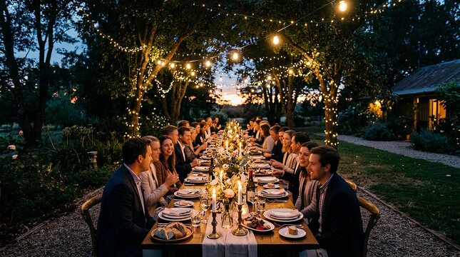 Evening garden dinner party with guests at a long wooden table under string lights.