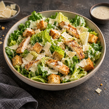 Salade C&eacute;sar au poulet grill&eacute;, laitue romaine croquante, cro&ucirc;tons dor&eacute;s, copeaux de parmesan et sauce cr&eacute;meuse