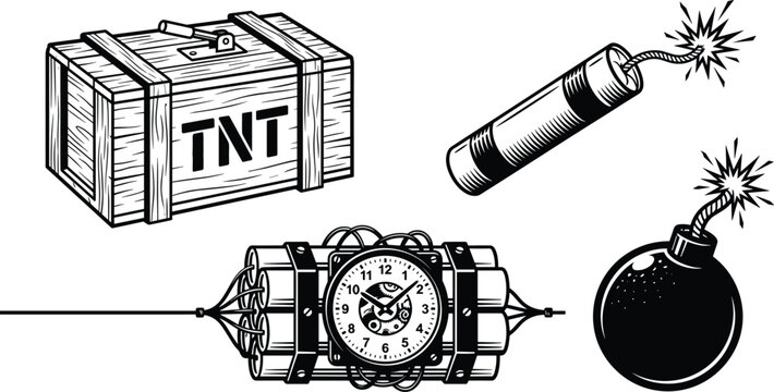 Vintage dynamite bomb and TNT crate explosive set retro woodcut style dangerous weapon element vector illustration