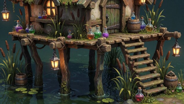 Digital illustration small wooden house middle pond made wood has sloping roof window left side surrounded lus