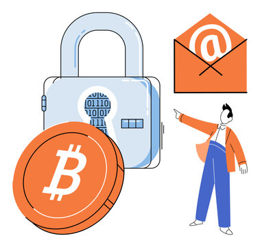 Bitcoin coin with a padlock and email icon vector illustration. Cybersecurity, digital finance, data protection, cryptocurrency, online privacy, secure communication. Crypto asset with a lock