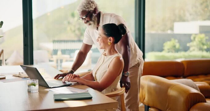 Mature, people and laptop with high five for financial goal, pension plan success or paperwork. Happy interracial couple, track online expenses or annuity account with tax refund achievement at home