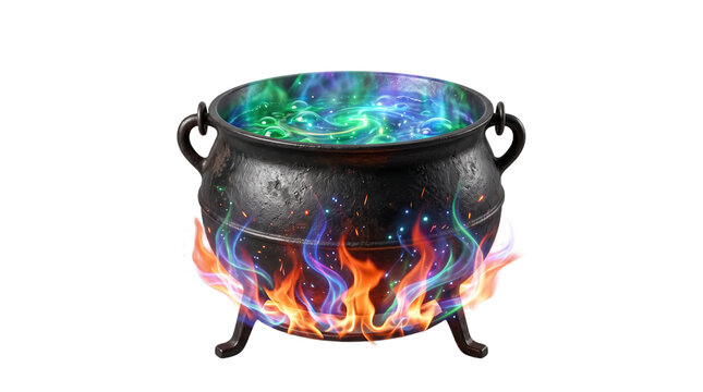 Witch cauldron isolated on transparent background with magical glowing green potion and colorful neon flames, cutout graphic element