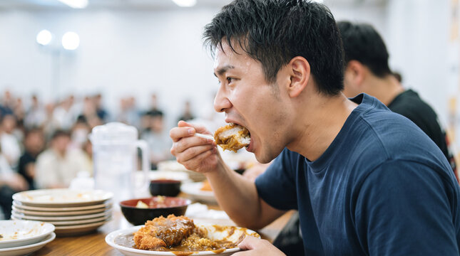 大食い大会でデカ盛り料理を豪快に食べる男性フードファイター
