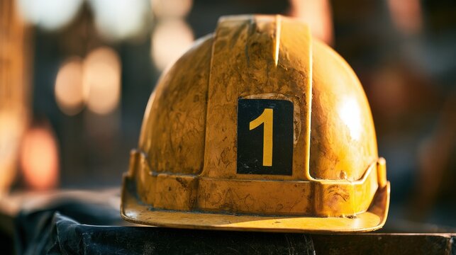 A yellow construction helmet with the number one sits on a surface at a construction site. Tools and materials are in the blurred background.