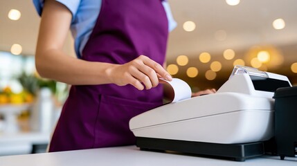 Fototapeta premium Close up of a shop assistant in purple apron taking a paper bill from a POS terminal