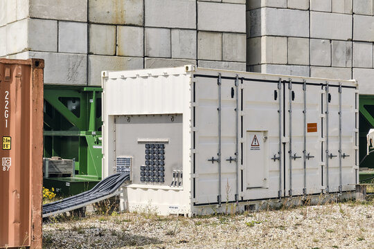 Thisted, Denmark - 11 August 2026: View of the electric battery container for the BMS Heavy Cranes 3000 ton ring crane, produced by Huisman, at the National Test Center for Large Wind Turbines.