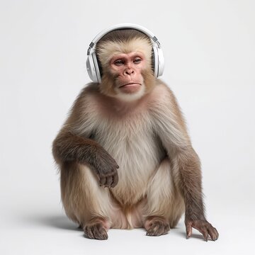 A cute monkey wearing white headphones sits quietly and looks thoughtful against a clean white background