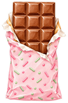 Chocolate bar in pink sprinkle wrapper, unwrapped milk chocolate candy, sweet dessert snack on white background