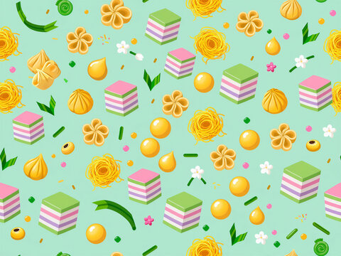 Thai dessert pattern on a pastel green background, featuring Khanom Chan, Foi Thong, Thong Yod, Khanom Jeeb/Ja Mongkut, and leaves.