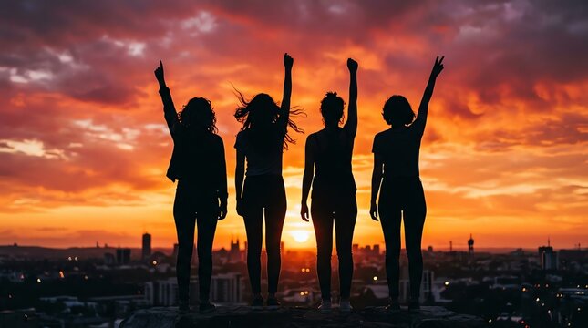 Silhouettes of four young women standing with raised arms against a dramatic sunset city skyline