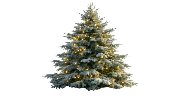 Snow-Flocked Christmas Tree with Warm White Lights Isolated on White Background   