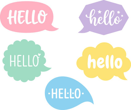 Pastel colored bubble shapes display various friendly handwritten greetings in cursive or print typography to facilitate communication and provide cheerful visual accents for diverse creative