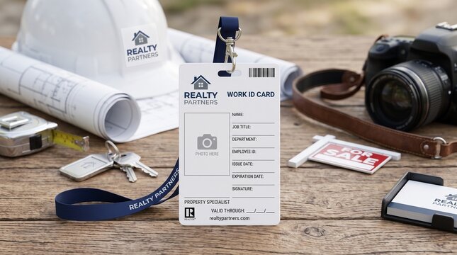 Vertical real estate work ID card badge mockup with hard hat, blueprints, and camera. Ideal for agent branding, corporate passes, construction identity, and property site designs.