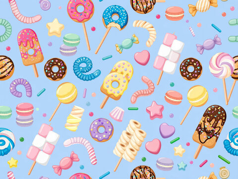 A dessert and candy pattern in pastel blue tones, featuring donuts on sticks, ice cream bars, macarons, marshmallows, jelly candies, and lollipops.