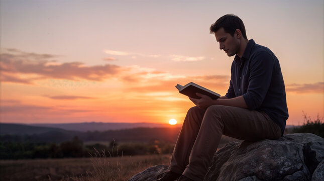 Adult man reading book while sitting on rock during sunset. Quiet moment of education and self-reflection in nature.