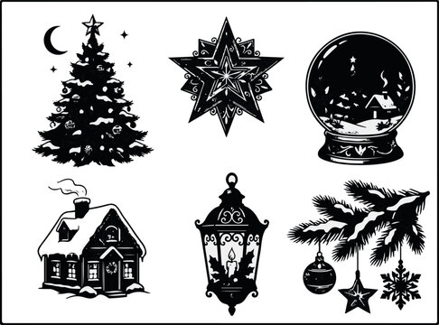 Christmas Tree Silhouette with Snowflakes and Star, Festive Winter Holiday Vector Illustration for Christmas Card, New Year Celebration and Seasonal Decoration Design