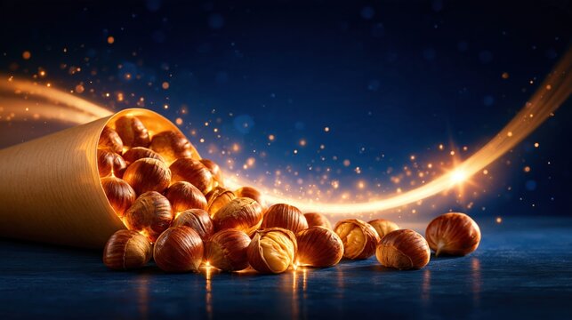 Hazelnuts spilling from a paper cone with glowing light