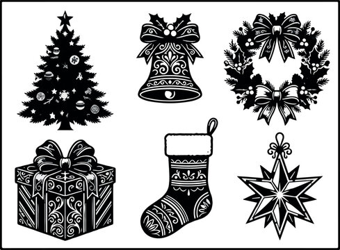 Christmas Icons Set with Gift, Tree, Bell, Ornament, Snowman, Stocking and Santa Decorations for Winter Holiday Celebration and New Year Festive Design