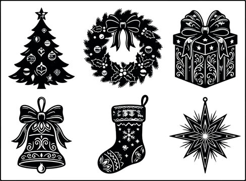 Christmas Icons Set with Gift, Tree, Stocking, Bell, Ornament, Snowflake and Santa Decorations for Winter Holiday Celebration and New Year Vector Design