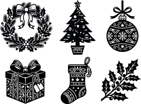 Christmas Icons Set with Gift Box, Tree, Snowman, Bell, Star, Snowflake, Hat and Holiday Decorations for Winter Celebration and New Year Vector Design