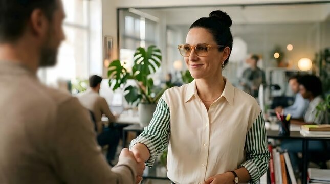 A smiling woman with glasses engages in conversation with a colleague in a bright modern office setting during the workday