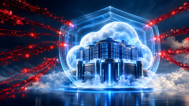 Futuristic secure cloud computing infrastructure protected by a sophisticated digital security shield, symbolizing cloud security, cybersecurity, data protection, encrypted information, cyber threats,
