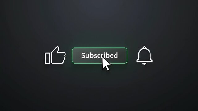 3D Glowing Like, Subscribe, and Notification Bell Button Click Animation with Mouse Cursor and Neon Frame on Dark Background