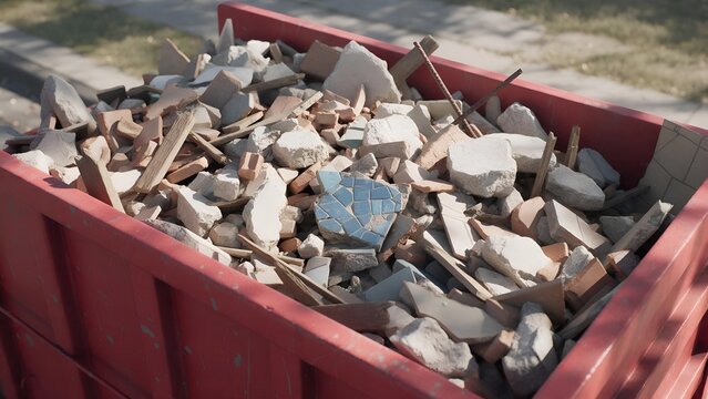 Red industrial dumpster filled with broken pieces of construction waste concrete rubble jagged bricks and shattered blue ceramic tiles under bright natural morning outdoor sunlight