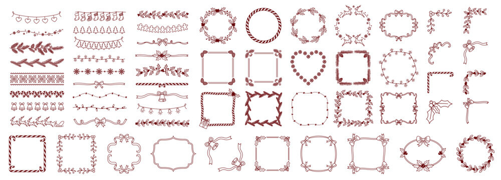 Christmas borders and frames big set. Hand drawn line art festive frames, holiday wreaths, page dividers, corner ornaments, holly berry and candy cane borders. Vintage Xmas decorative elements vector 