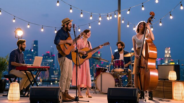 Cheerful Indie Band Performing Live Music on Rooftop During Twilight