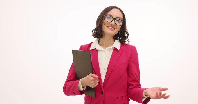 Joyful businesswoman holds important document and claps hands. Woman in glasses celebrates impressive financial achievement against white background