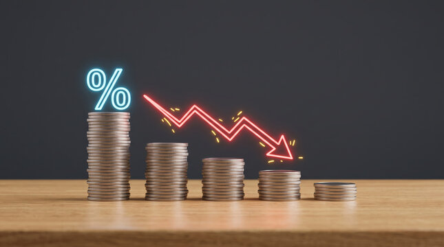 Coins stacked decrease with glowing downward arrow and percent symbol. Finance investment recession crisis. money budget saving expense, value reduction down decayed, risk loss