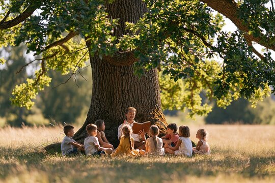 Teacher Reading a Story Book to Group of Children Under Large Oak Tree