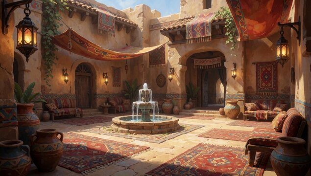Digital illustration courtyard fountain center decorated traditional moroccan-style furniture including sofas