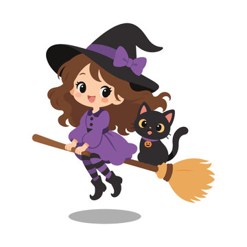 Cute Witch Flying on Broomstick with Cat Halloween Kawaii Cartoon Illustration