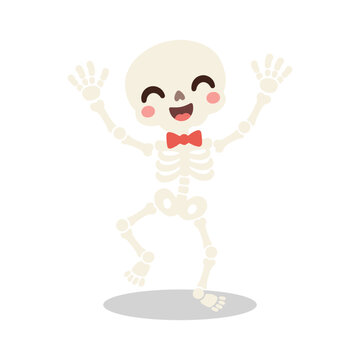 Cute Skeleton Dancing with Bow Tie Halloween Kawaii Cartoon Illustration