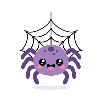 Cute Purple Spider Smiling on Web Halloween Kawaii Cartoon Illustration