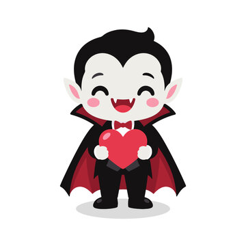 Cute Vampire with Cape Holding Red Heart Halloween Kawaii Cartoon Illustration