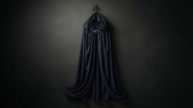 Dark blue hooded cloak with ornate metal clasp hanging on a wall against a dark textured background