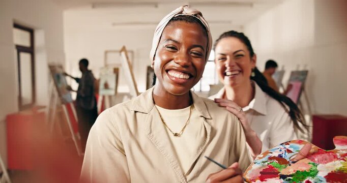 Face, happy woman and instructor in painting class with check in, praise art or shading technique. POV, palette and artist feedback on canvas composition, color mixing or creative support in workshop