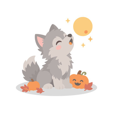 Cute Werewolf Puppy Howling at Moon Halloween Kawaii Cartoon Illustration