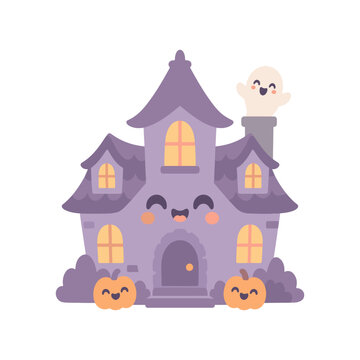Cute Haunted House Halloween Kawaii Cartoon Illustration