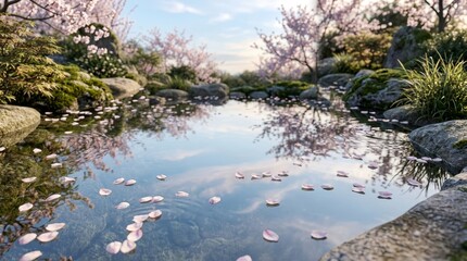 Obraz premium Serene japanese garden with cherry blossom petals floating on tranquil pond water under bright sky for peaceful spring landscape