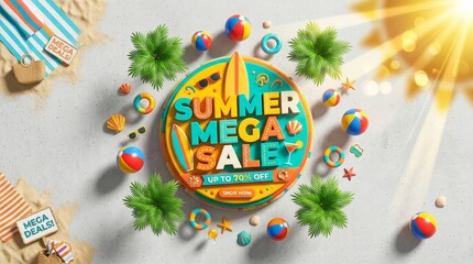 Obraz premium Summer mega sale banner design with 3D beach elements and palm leaves on concrete background