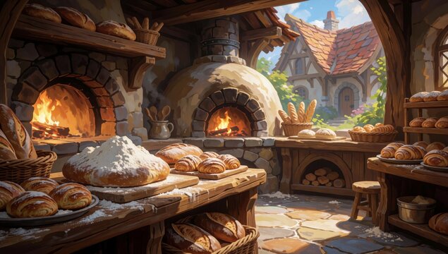 Digital illustration bakery interior made stone wood large oven center has fire burning inside there several b