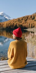 Fototapeta premium Woman sitting on wooden dock by mountain lake in autumn with red beanie and yellow sweater for landscape background and travel banner design