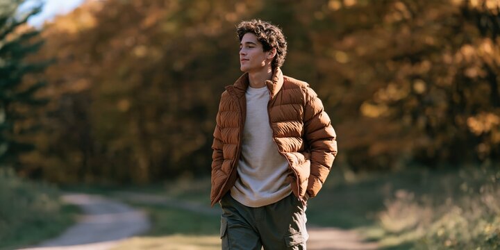 Young man walking in autumn forest wearing a brown puffer jacket for outdoor lifestyle background and fall fashion banner