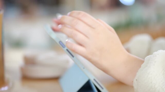 Hands holding stylus and tablet in cozy cafe setting. Blurred background with warm wooden table and drink. Focus on creative digital work in relaxed environment