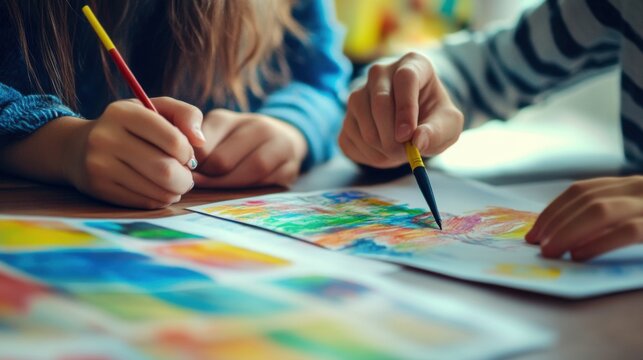 Children Drawing Together with Markers and Paints on Paper